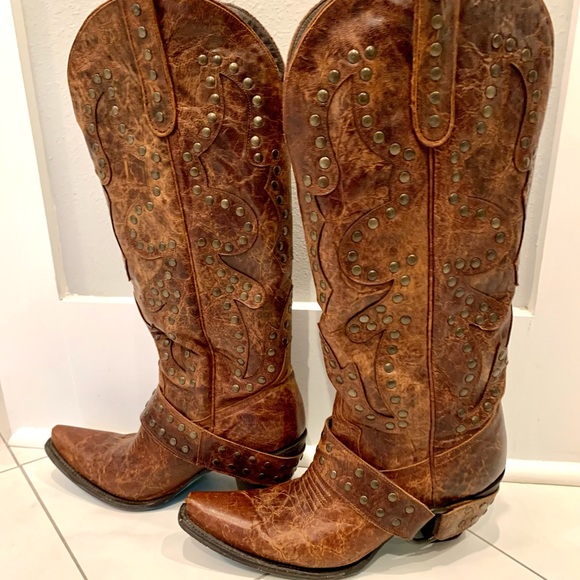 Studded Brown Heeled Boots - Picture 5 of 8